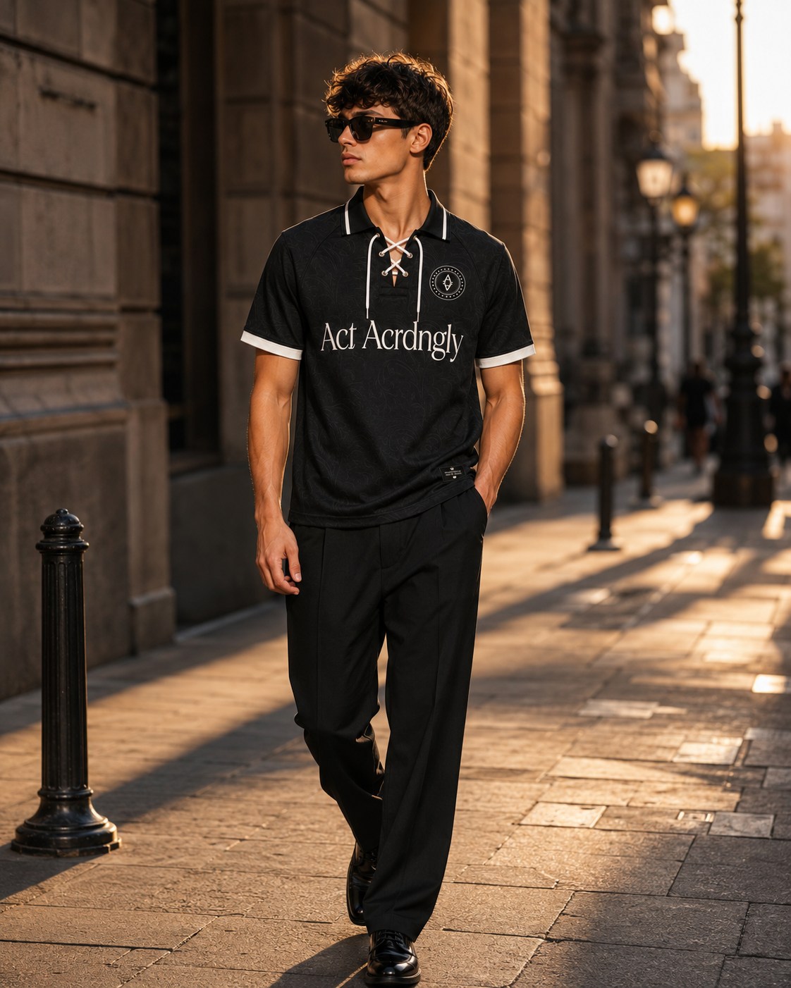 Model wearing a black collared Acrdngly streetwear set