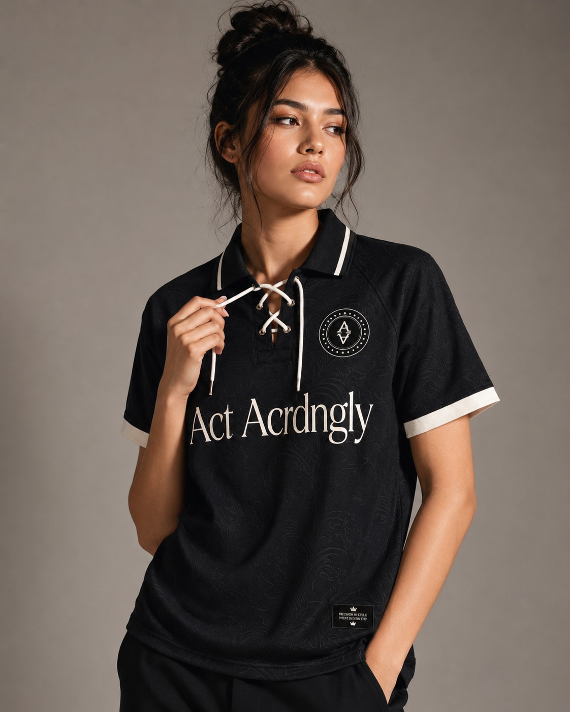 Black Acrdngly streetwear polo outfit worn in a studio lookbook