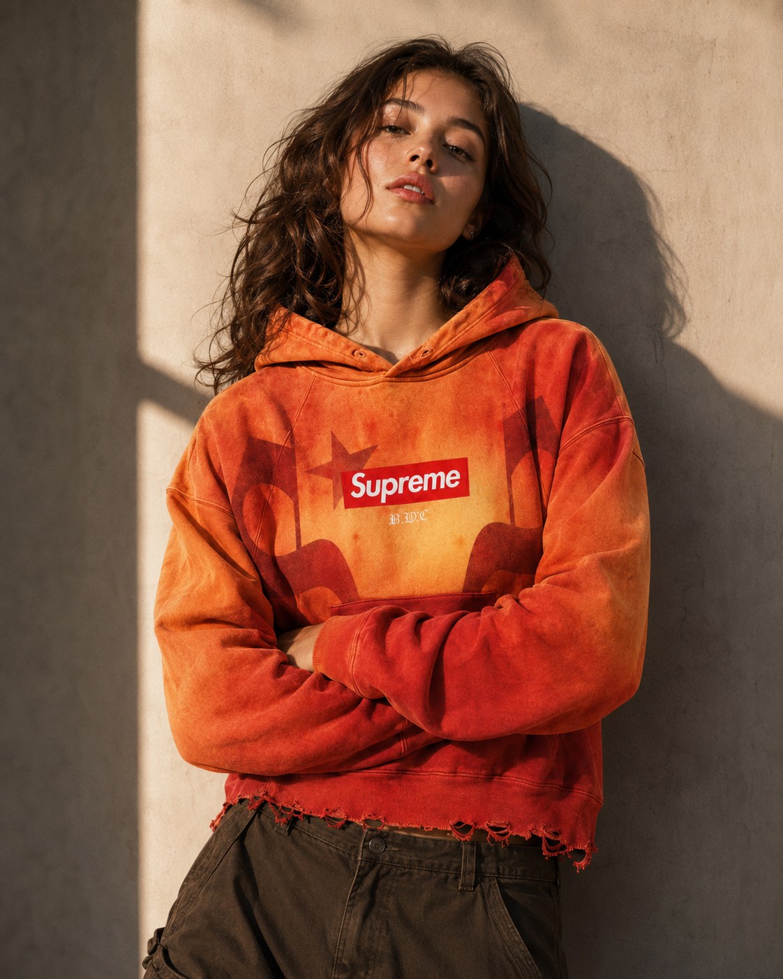 Burnt orange fleece hoodie front lookbook image