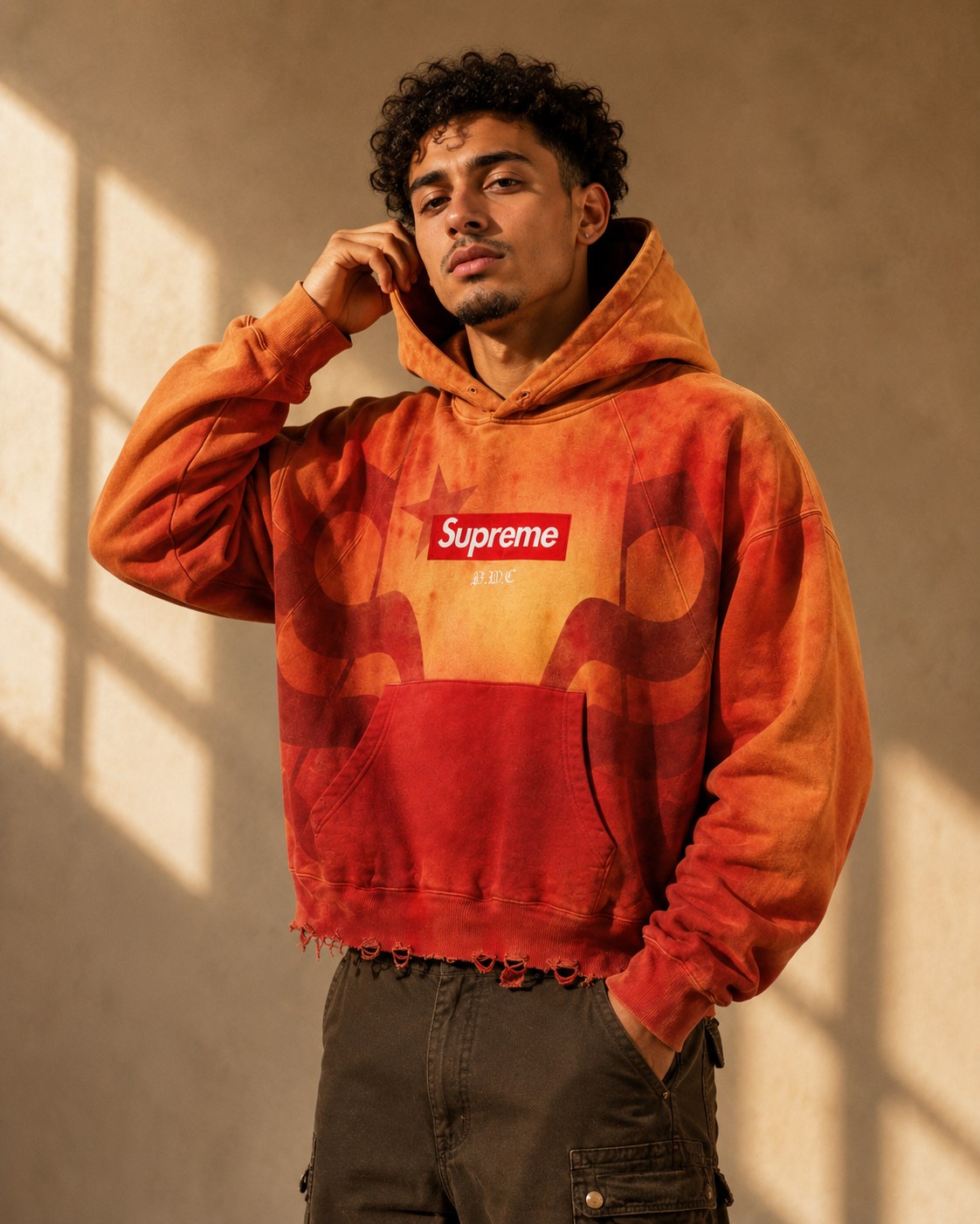 Burnt orange hoodie styled against a warm exterior wall