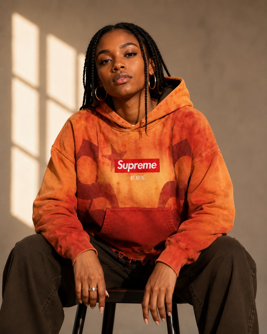Model seated in a burnt orange Hypotherm Design fleece hoodie