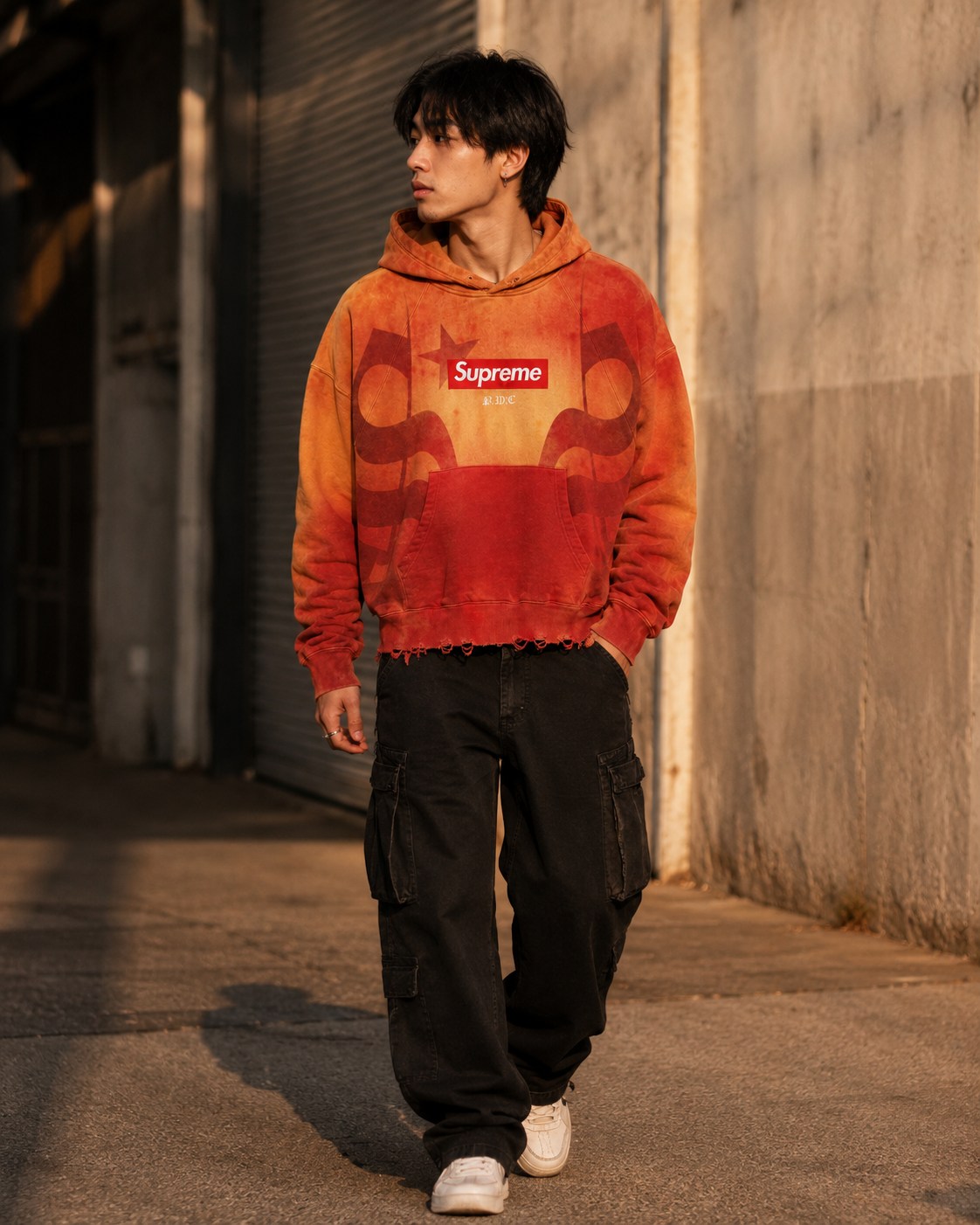 Model wearing a burnt orange fleece hoodie in a streetwear lookbook scene