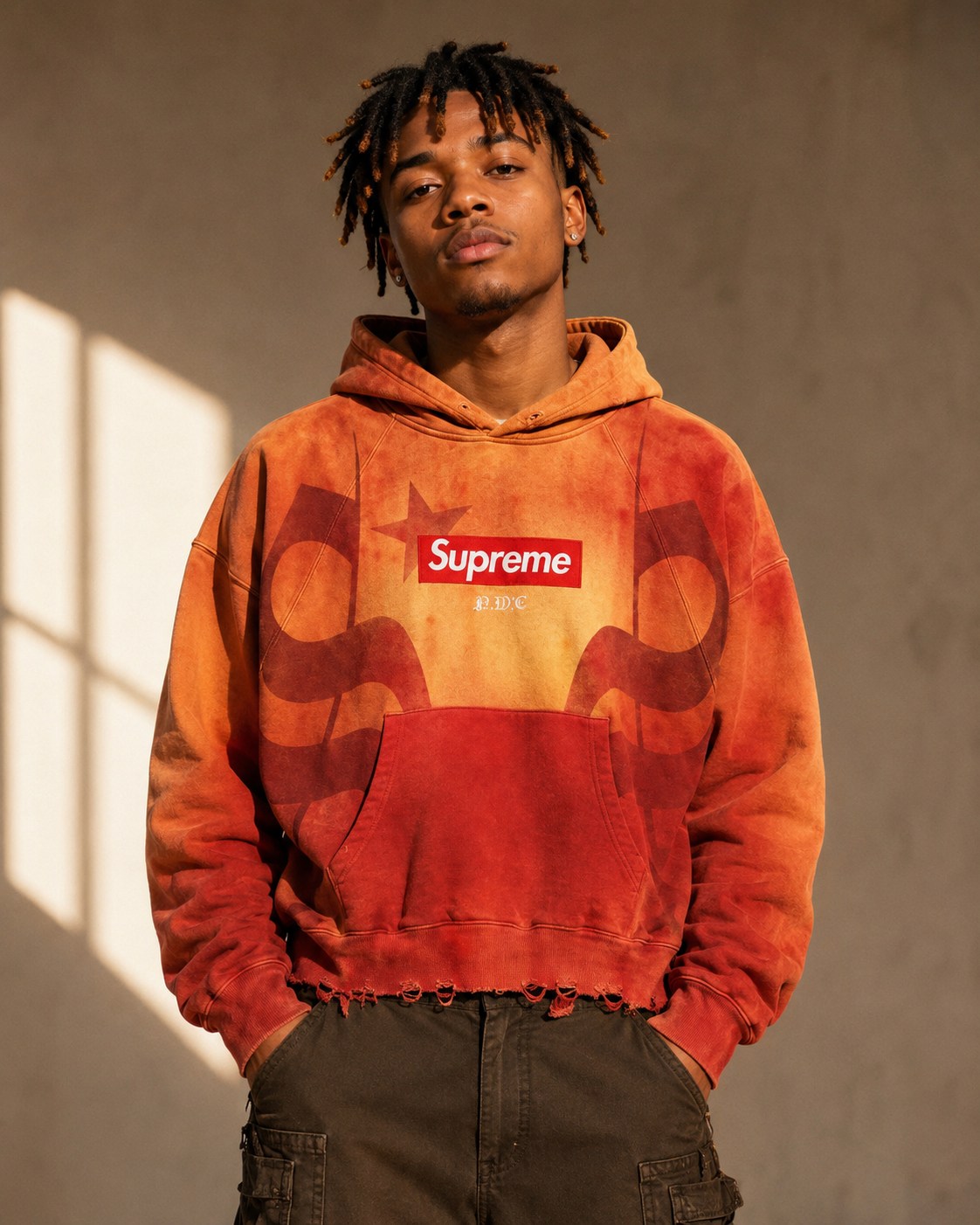 Back and side view of the burnt fleece hoodie direction