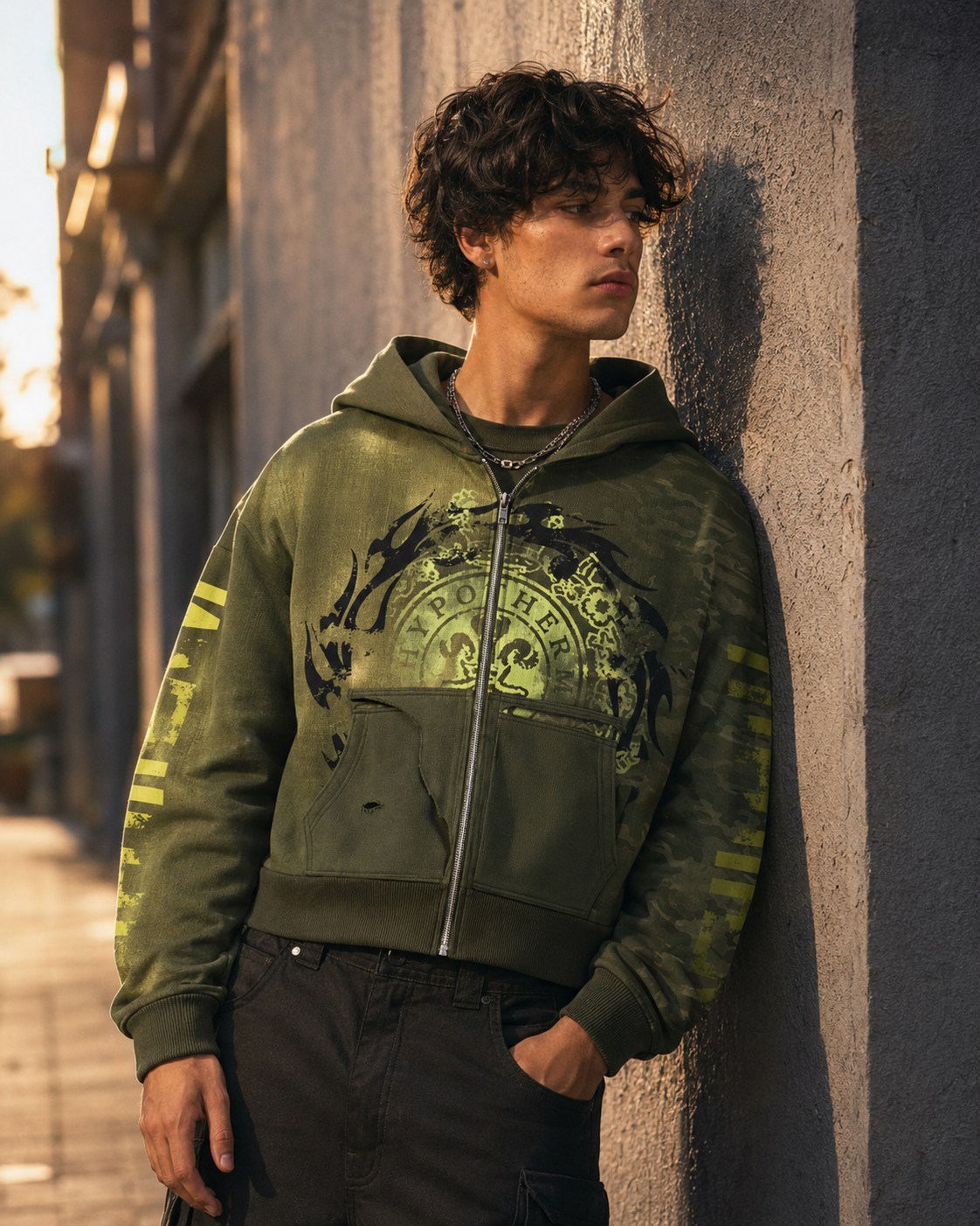 Olive zip hoodie streetwear collection direction shown on model