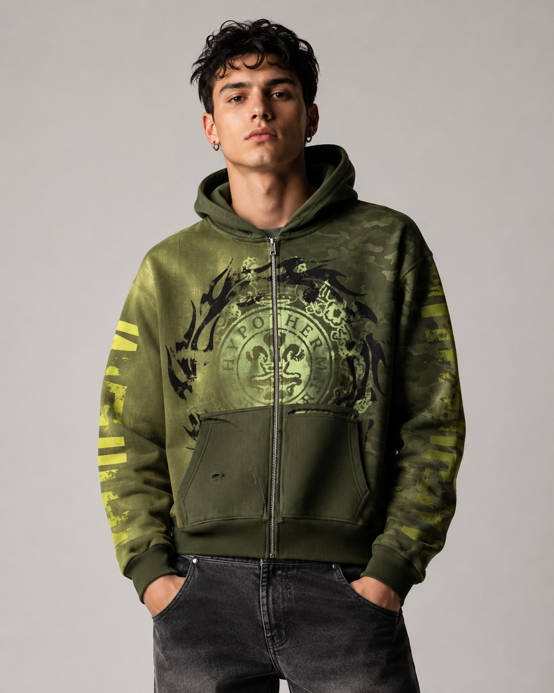 Relaxed styling for the olive thermal streetwear hoodie